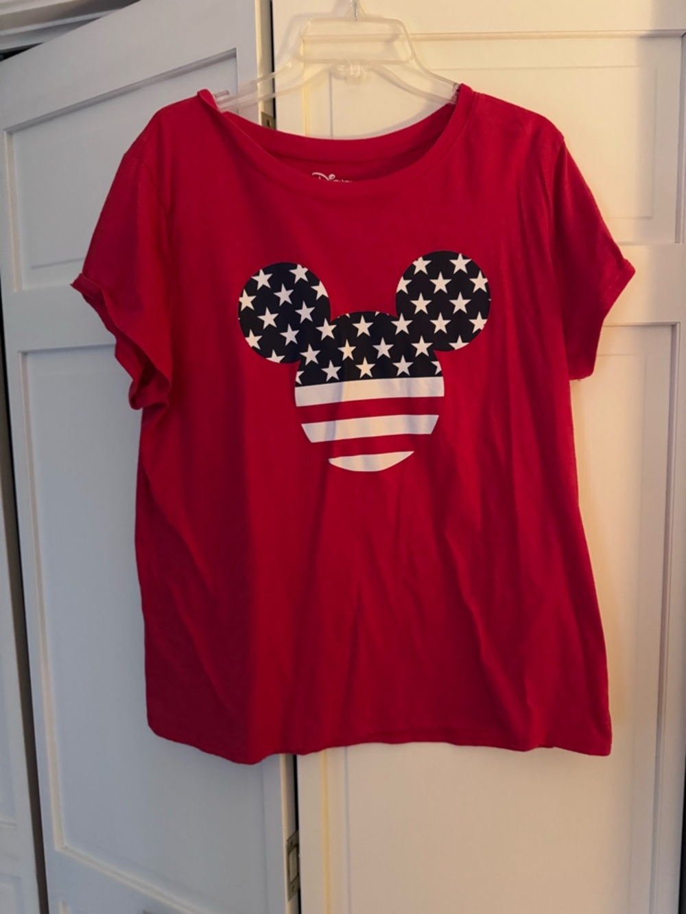 Disney Red Short Sleeve Tee with Stars & Stripes Mickey Graphic